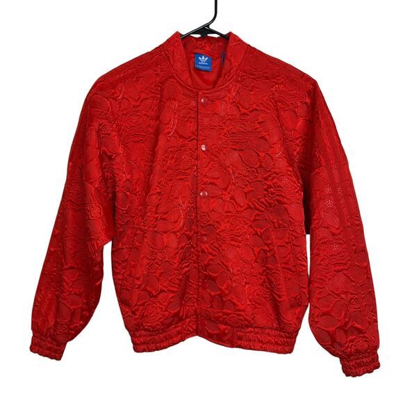 Adidas Tracktop Jacket Womens XS Red Floral Jacquard Trefoil Snap Up AY6733 NWOT - Picture 1 of 11